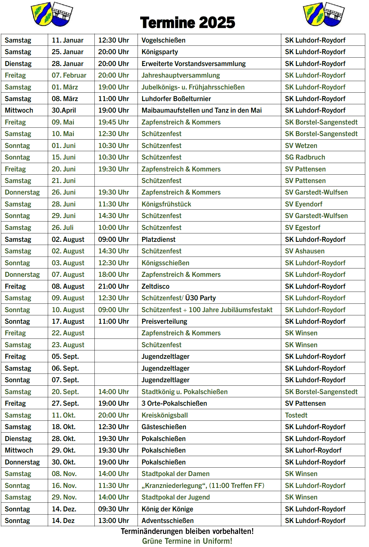 Veranstaltungskalender mit Terminen und Zeiten für 2025.